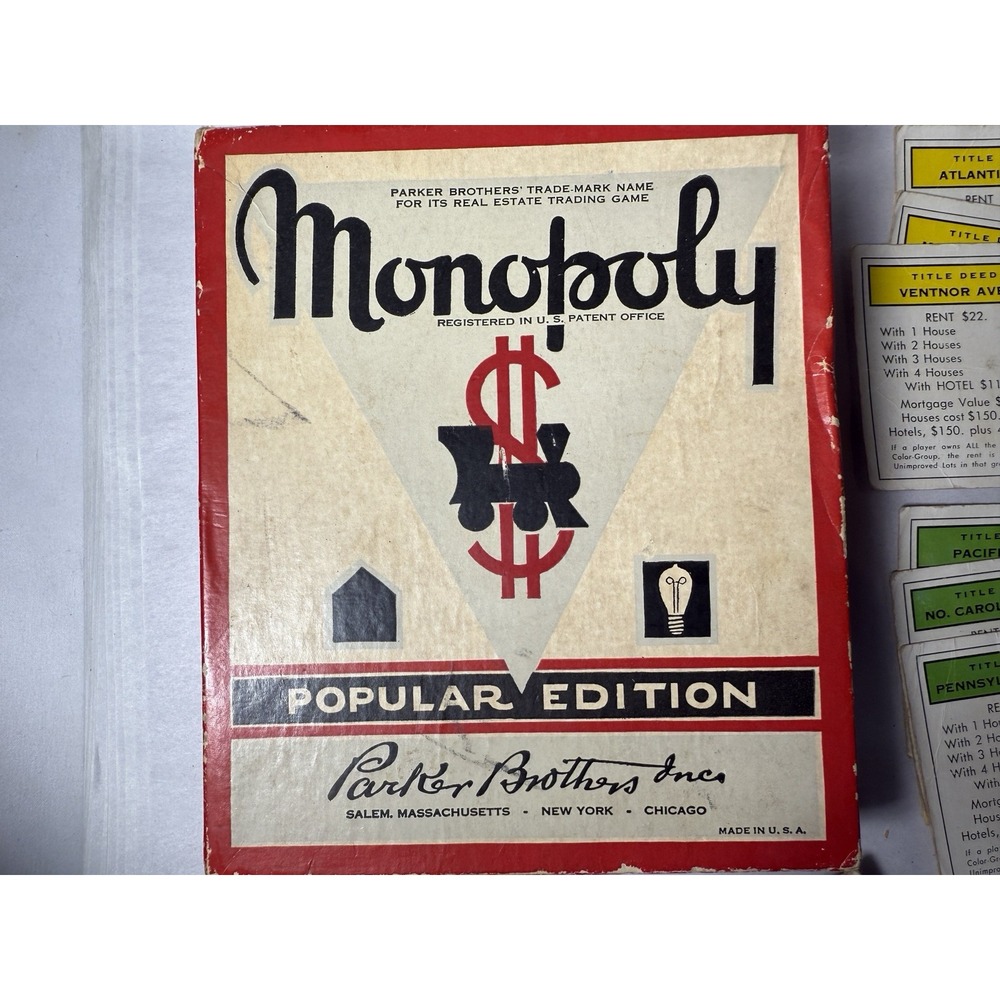 1951 Monopoly Popular Edition Game Pieces Wood Houses Hotels Tokens Cards Money